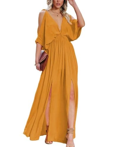 DEEP SELF Women's Sexy Cold Shoulder Maxi Dress Summer V Neck Backless Split Wedding Guest Flowy Long Dress Orange - Image 1