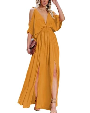 DEEP SELF Women's Sexy Cold Shoulder Maxi Dress Summer V Neck Backless Split Wedding Guest Flowy Long Dress Orange - Image 1