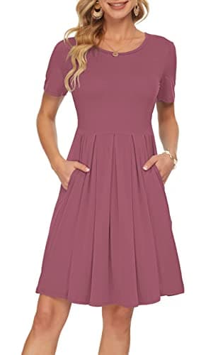AUSELILY Women's Short Sleeve Summer Dress Pleated Loose Swing Knee Length Dresses with Pockets 2025 New Mauve S - Image 1