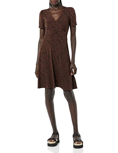 Amazon Essentials Women's Short Sleeve V-Neck Gathered Fit and Flare Dress, Dark Toffee Brown Cheetah, Medium - Image 4
