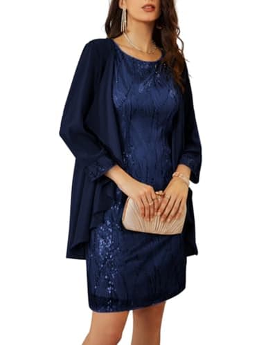 GRACE KARIN Sequin Dress for Women Party with Chiffon Classy Wedding Guest Dress Navy Blue L - Image 1
