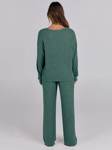 ANRABESS Women 2 Piece Lounge Pajamas Sets Casual Ribbed Knit Long Sleeve Top Pants Matching Set 2025 Fall Outfits Clothes Green X-Large - Image 4