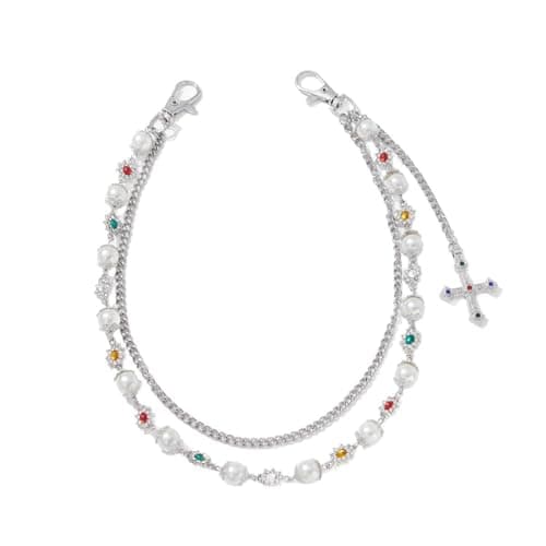 Fashion Layered Pants Wallet Chains - Exquisite Gold Silver Rhinestone Flower Pearl Jean Pocket Chain for Women Men Cute Bag Purse Charms Jewelry (link silver) - Image 1