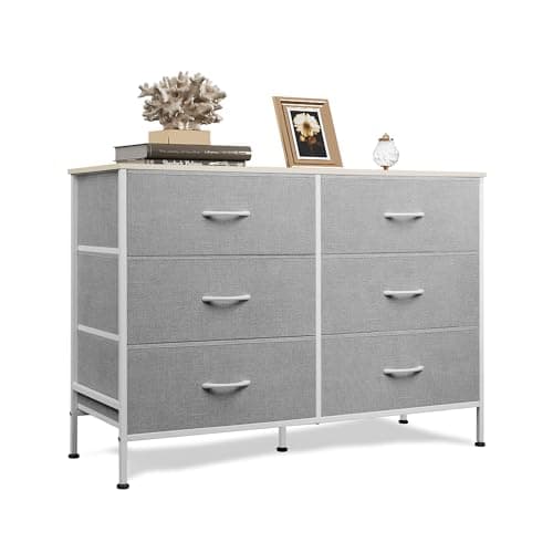WLIVE 6 Drawer Dresser for Bedroom, Wide Fabric Dresser TV Stand for 50 Inches TV with Metal Frame, Wooden Top, Chest of Drawers, Storage Organizer for Living Room, Hallway, Light Grey - Image 1