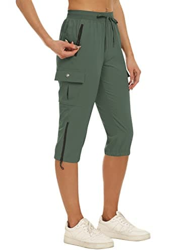 MoFiz Capris for Women Cargo Hiking Pants Lightweight Quick Dry Running Summer Athletic Workout Casual Outdoor Zipper with Pockets Army Green XL - Image 1