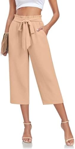 Aodemo Women‘s Capri Pants Plus Size Wide Leg High Waist Tie Knot Pants Casual Palazzo Trousers with Pockets - Image 4