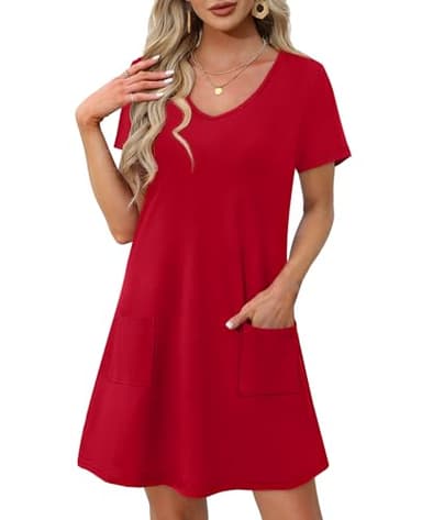 OFEEFAN Womens Summer Dresses Vestidos De Verano para Mujer Loose V Neck T Shirts Casual Dress Sundresses Swing Coverup Beach Vacation Essentials Fashion A Red M - Image 2