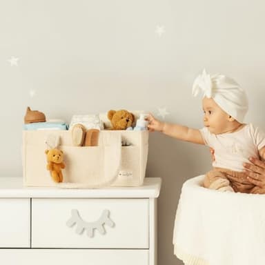 Sweety Fox Baby Diaper Caddy Organizer with Handle - Portable Sherpa Nursery Basket - Car Diaper Organizer, Cleaning Caddy, Gift for Baby Shower - Ivory - Image 2