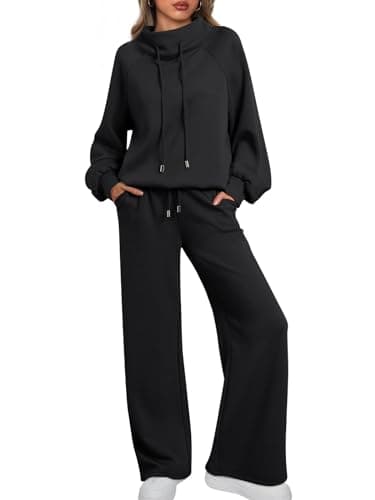 AUTOMET Lounge Sets for Women Sweatsuits 2 Piece Outfits 2025 Fall Drawstring Sweatshirt Wide Leg Sweatpants Tracksuit Black M - Image 1