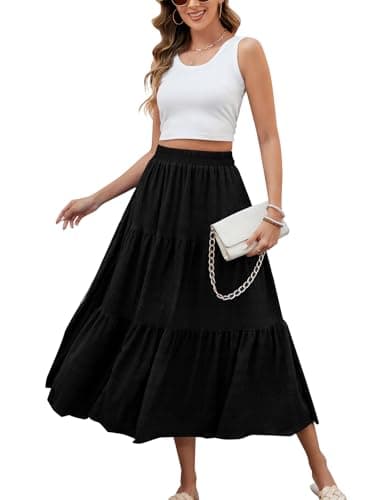 HUSKARY Skirts for Women Trendy Summer Casual High Waisted Flowy Maxi Skirt Spring Loose Tiered Layered Beach Skirt,Black,Large - Image 2