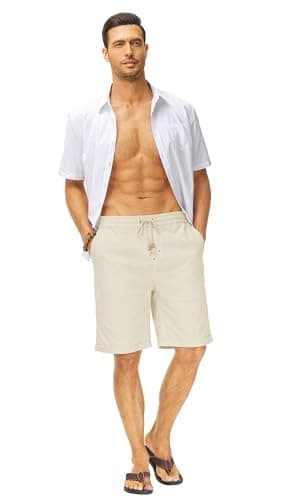 Janmid Men's Linen Shorts Casual Elastic Waist Drawstring Summer Beach Shorts Apricot 2XL - Image 5