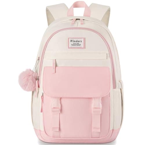 WINDARS School Backpack for Teen Girls, Cute College Backpacks for Women Students Aesthetic Bookbag Large 15.6 Inch Laptop Bag Middle School Travel Back Pack (Pink Beige) - Image 1