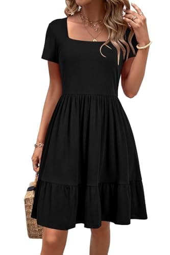 Newshows Summer Dresses for Women 2024 Short Sleeve Square Neck Babydoll Dresses Casual Beach Vacation Outfits Aline Ruffle Flowy Sundress Trendy with Pockets(Black,L) - Image 1