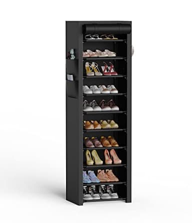 VTRIN Vertical Narrow Shoe Rack Organizer 10 Tier Tall Shoe Shelf Holds 20-22 Pairs with Non-Woven Dustproof Cover for Closet, Entryway Black - Image 1