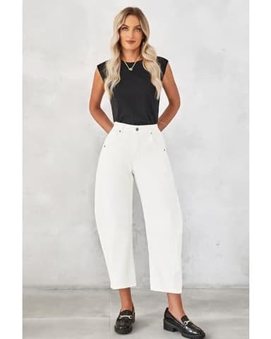 GRAPENT Women's High Waisted Crop Jeans - Barrel Leg Casual Summer Pant Size 4-6 Cream White - Image 4