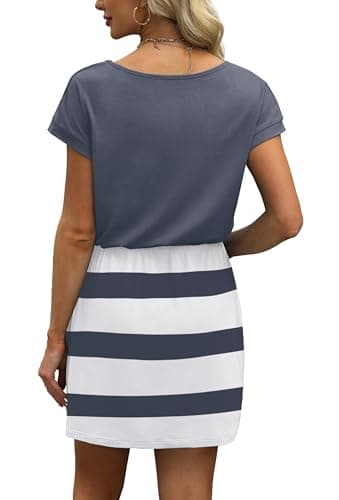 Dresses for Women 2025 Summer Dresses Loose V Neck Vacation T Shirt Tie Waist Dress Sundresses with Pockets Stiped Floral M Blue White - Image 5