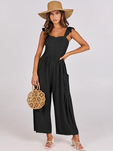 ANRABESS Women Summer Casual Dressy Sleeveless Smocked Wide Leg Linen Jumpsuits Rompers 2025 Trendy Travel Outfit Pocket Black Medium - Image 2