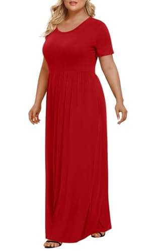 LONGYUAN Casual Plus Maxi Dress for Ladies 2025 Summer Short Sleeve Women's Plus Size Long Dresses Red, XL - Image 2