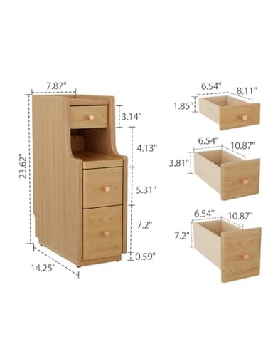 Narrow Nightstand with 3 Drawers,Solid Wood Small Nightstand Natural, Modern Small Bedside Tables for Bedroom(Fully Assembly) - Image 2