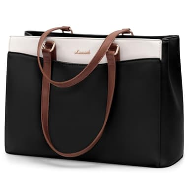 LOVEVOOK Laptop Tote Bag for Women, Work Bags Teacher Tote Bag, Waterproof Leather Computer Bag, Business Laptop Purse Office Handbag Professional Briefcase, 17 Inch, Black-Beige-Brown - Image 1