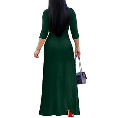 FANDEE Women's 2025 Maxi Dress - Solid Color Bohemian Summer Long Maxi Dress V-Neck 3/4 Sleeve Green XL - Image 3