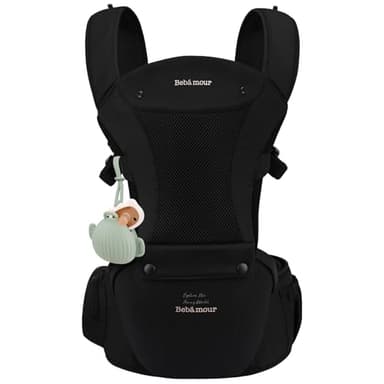 Bebamour Baby Carrier with Hip Seat,All-Position Breathable Mesh Hip Seat & Carrier 0-36Months with Head Hood, 3 PCS Teething Pads, Waist Extender,Storage Bag & Pacifier Case(Black) - Image 1