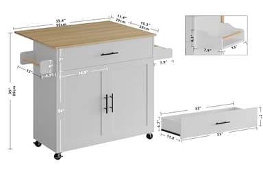 IRONCK Rolling Kitchen Island Table on Wheels with Drop Leaf, Storage Cabinet, Drawer, Spice/Towel Rack, Kitchen Cart, 47.25" Wide White - Image 5