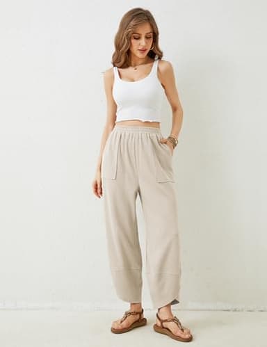 Himosyber Women Cotton Pants Wide Leg Pants Casual Loose Baggy Elastic Waist Beach Palazzo Harem Pants (Beige-L) - Image 5