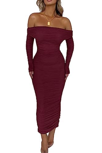 PRETTYGARDEN Women's Fall Off Shoulder Maxi Bodycon Dress Long Sleeve Ruched Fitted Club Dresses with Slit (Wine Red,Medium) - Image 1