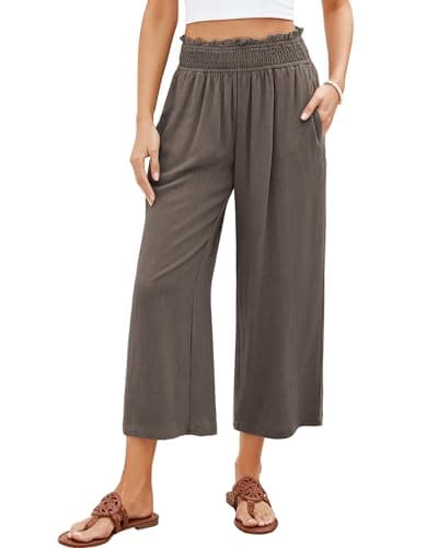 GRAPENT High Waisted Lightweight Women's Beach Linen Clothes Wide Leg Lounge Pants Casual Outfits Travel Pants Color Coffee Brown Size L Large Size 12-14 - Image 1