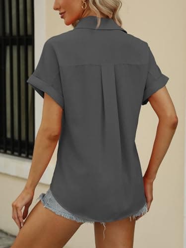 Beautife Womens Short Sleeve Shirts V Neck Collared Button Down Shirt Tops with Pockets (Large, Dark Grey) - Image 5