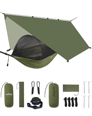Sunyear Camping Hammock with Net & Rain Fly - Double & Single Hammock with House-Like Net- Easy Setup & Pack, Lightweight & Portable, Perfect for Hiking, Backpacking, Outdoor Sleeping - Image 1