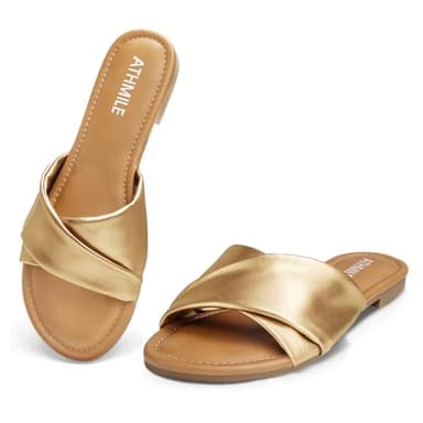 ATHMILE Sandals Women Dressy Summer Flat Comfortable Fashion Beach Cute Ladies Slides Leather Casual Dress Women's Sandals 2025 Gold Size 9 - Image 1