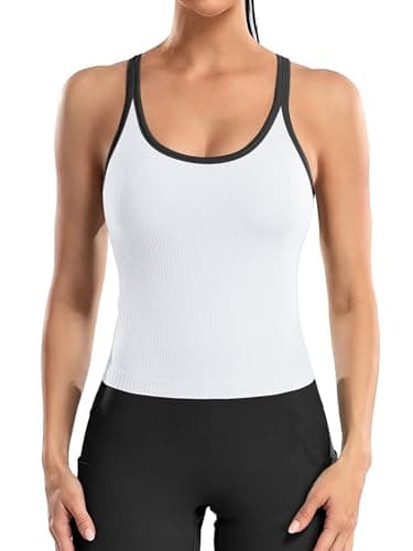 ATTRACO Workout Tank Tops for Women with Built-in Bra Contrast Trim Cami Tops White M - Image 1