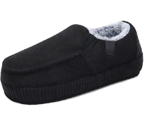 ONCAI Men's Slippers 2025 Cotton-Blend Moccasins Warm Closed Back Corduroy House Slippers with High-Density Felt Fuzzy Indoor Outdoor Comfortale Yoga Mat Rubber Soles Felt Black Size 7 - Image 1
