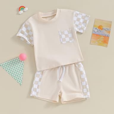 Karwuiio Toddler Baby Boy Summer Outfit Short Sleeve T-Shirt Tops Elastic Waist Shorts Set Baby Boys Clothes(Khaki,2-3 Years) - Image 3