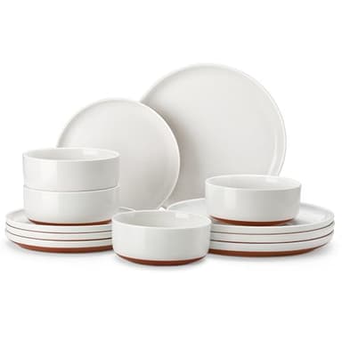 MALACASA Plates and Bowls Sets, 12 Pieces Modern Stoneware Dinnerware Set for 4 Kitchen Dinner Set Ceramic Dishware Dishes Set Microwave and Dishwasher Safe, White, Series TARA - Image 1
