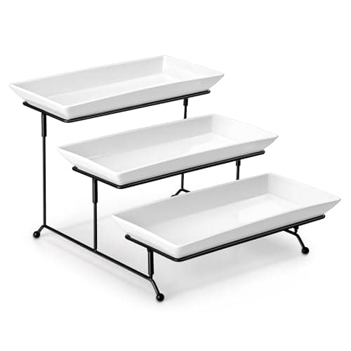 MALACASA 3 Tier Serving Trays for Party, Porcelain Serving Platters and Trays, 12 Inch Tiered Tray Stand, Fruit Tray, Trays for Serving Food, White Dessert Stand with Collapsible Sturdier Metal Rack - Image 1