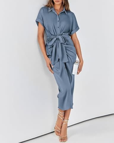 BTFBM Women Button Down Ruched Shirt Dresses Satin Short Sleeve Lapel V Neck Summer Maxi Dress 2025 Party Wedding Guest(Grey Blue, Small) - Image 7