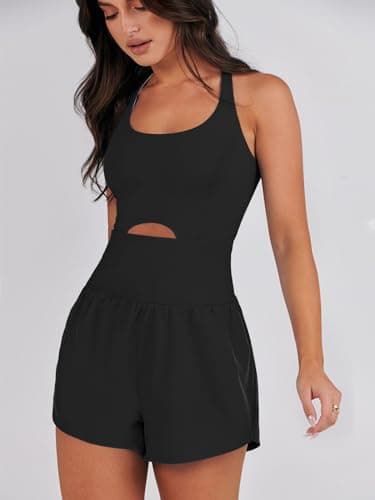 Caracilia Women's Workout Athletic Romper Summer Sets Short Jumpsuits Onesie Running Outfits Exercise Gym 2025 Trendy Clothes Black S - Image 9