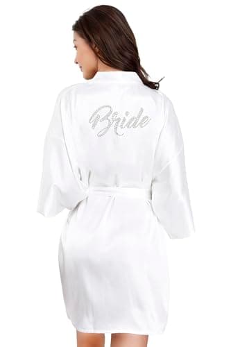 EPLAZA Women's One Size Silver Rhinestones Bride Bridesmaid Short Satin Robes for Wedding Party Getting Ready (White, Bride) - Image 2