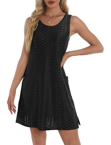 Summer Dresses for Women Dressy Casual Swimsuit Coverup 2025 Loose Flowy Tank Dress Sundresses with Pockets Eyelet Black M - Image 4
