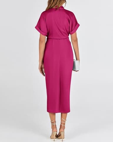 BTFBM Women Button Down Ruched Shirt Dresses Satin Short Sleeve Lapel V Neck Summer Maxi Dress 2025 Party Wedding Guest(Rose Red, Small) - Image 5