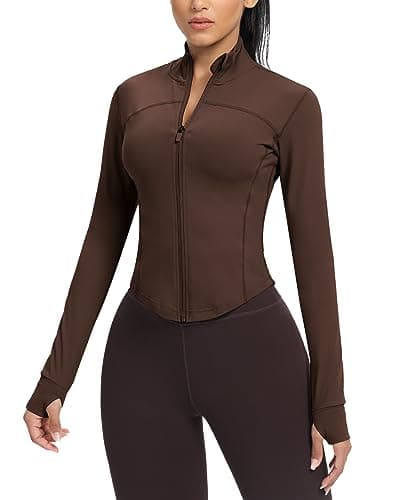 AVGO Women's Cropped Running Workout Jackets Zip Slim Fit Athletic Tops with Thumb Holes(Roasted Brown, M) - Image 1