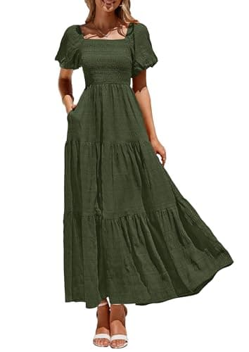 PRETTYGARDEN Womens Summer Puff Short Sleeve Maxi Dress Square Neck Smocked Tiered Ruffle A Line Long Flowy Beach Dresses (Army Green,Large) - Image 1
