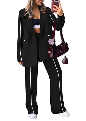 PRETTYGARDEN Women's Fall Spring 2 Piece Blazer Outfits Business Casual Oversized Jacket Wide Leg Work Pants Dressy Suit Set (Black,Small) - Image 1