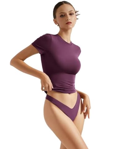 SUUKSESS Women Double Lined Fitted Basic Tee Shirts Crew Neck Short Sleeve Y2K Going Out Crop Tops (Plum, M) - Image 4