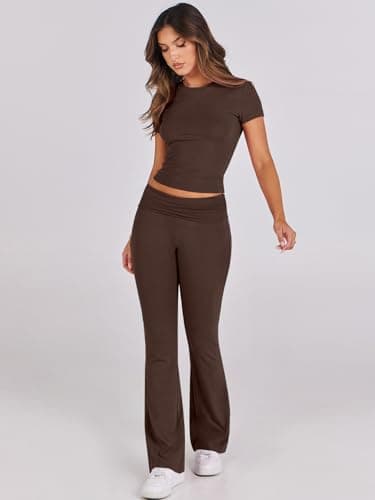 ANRABESS Lounge Sets for Women 2 Piece Foldover Yoga Flare Leggings Pants Crop Tops Casual Y2K Outfits Matching Tracksuit Set Brown Small - Image 8