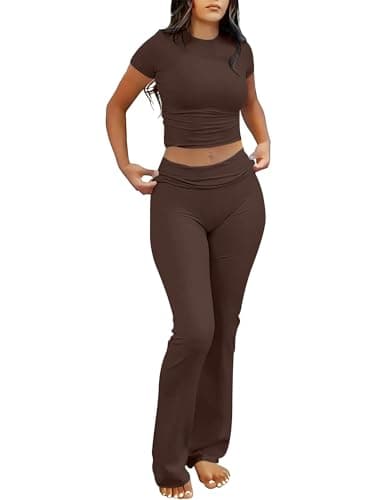 ANRABESS Lounge Sets for Women 2 Piece Foldover Yoga Flare Leggings Pants Crop Tops Casual Y2K Outfits Matching Tracksuit Set Brown Small - Image 1