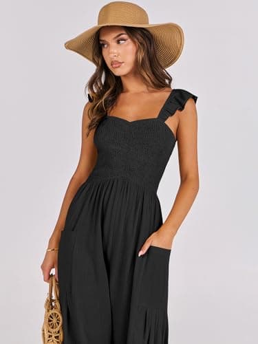 ANRABESS Women Summer Casual Dressy Sleeveless Smocked Wide Leg Linen Jumpsuits Rompers 2025 Trendy Travel Outfit Pocket Black Medium - Image 6
